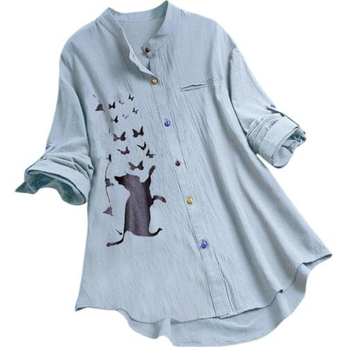 5xl Plus Size Tops For Women Summer Casual Cat Print Blouses Long Sleeve Top Colorful Button Loose Shirt Blouse Blusas Elegant