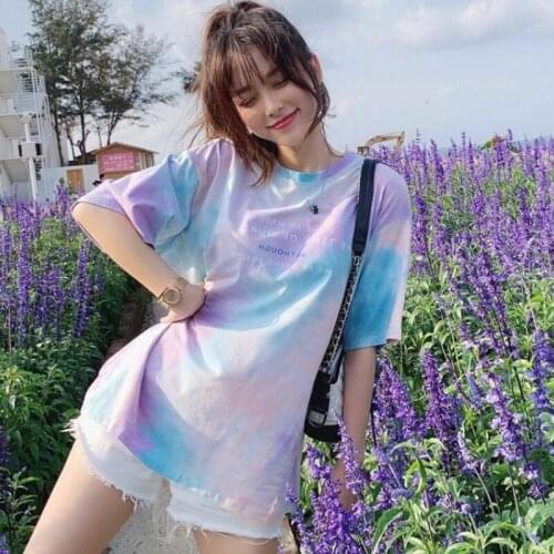 Women T-shirt Tie-dye Letter Printed Short Sleeve Fashion 2021 Summer Rainbow Color Loose Artistic Girls Top Casual Streetwear