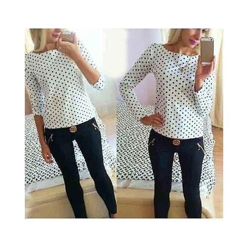 Women Long Sleeves Shirt Casual Chiffon Blouse Loose Long Sleeves Polka Dot Tops Shirt Blouse