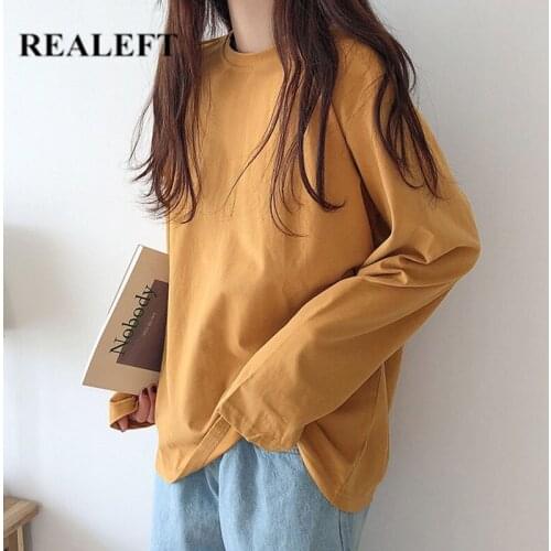 REALEFT New 2021 Autumn Cotton Womens Loose T-Shirts Long Sleeve Solid Bottoming Casual Korean Minimalist Style Triko Tops Tees