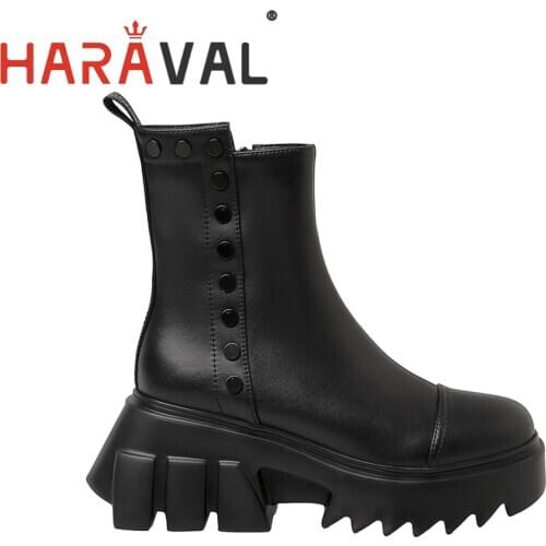 HARAVAL Women Black Boots platform punk waterproof ankle boots leather autumn shoes round toe high heel female Footwear E100L