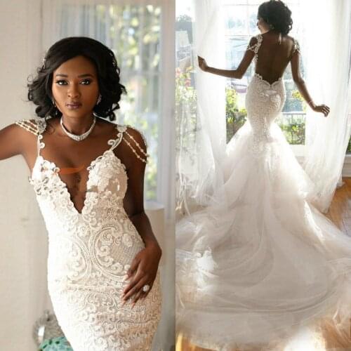 Black Girls Mermaid Wedding Dresses Lace Appliques Spaghetti Straps Bridal Gowns Backless African Sexy vestido de novia