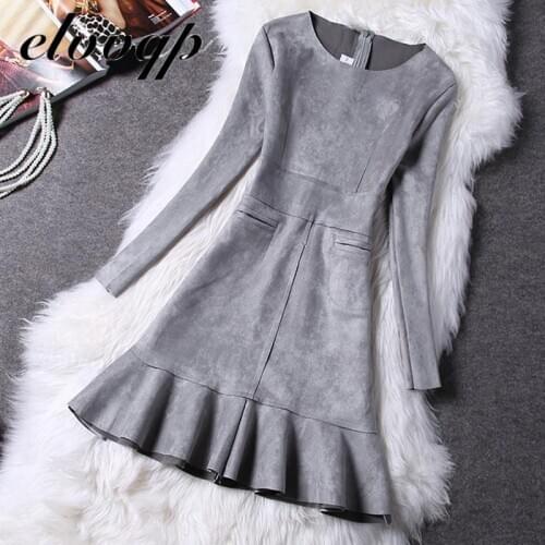 Autumn Winer Suede Dress Women 2020 Elegant Casual Long Sleeve Pocket A-line Dress Elegant Sexy Slim Evening Party Mini Dress