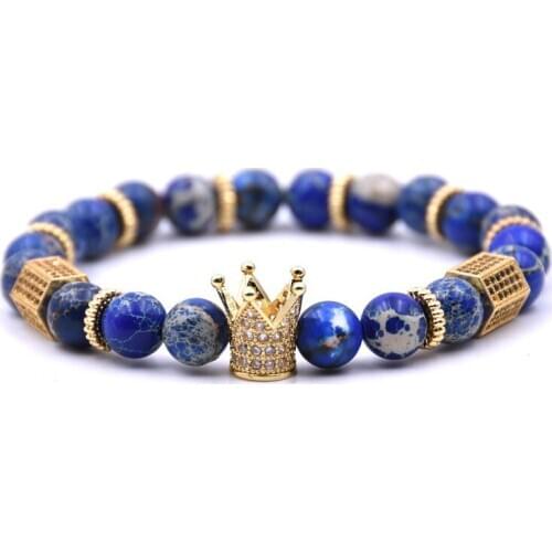 2019 Trendy 6MM Natural Stone Beads Pave CZ Imperial Crown And Helmet Charm Bracelet For Men Or Women Bracelet Jewelry