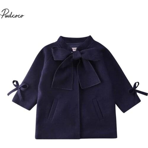 2020 Fashion 2-8Y Infant Kids Baby Girl Blends Coat Outfits Blue Bowknot Long Sleeve Slim Winter Spirng Big Bow Top Outwear
