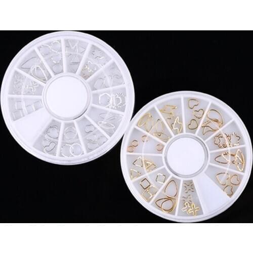 Nail diy Nail Accessories jewelry Gold and silver Nail Metal ring Pierced Golden Metal ring Nail decals Round Box 12 Styles