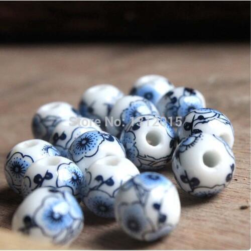 2017 new On sale 10/12mm 50pcs Diy White Porcelain Ceramic Round Beads,Blue Flower Pattern Spacer beads Free shipping YS0029