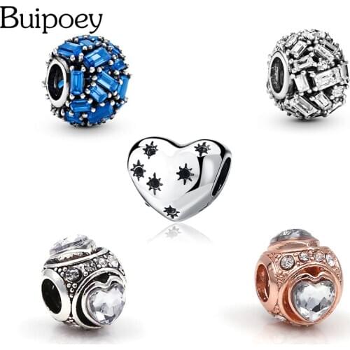 Buipoey 2pcs Elegant Ice Crystal Charm Heart Crystal Beaded Fit Brands Bracelet Bangle Fine Fashion Women Jewellery Gift