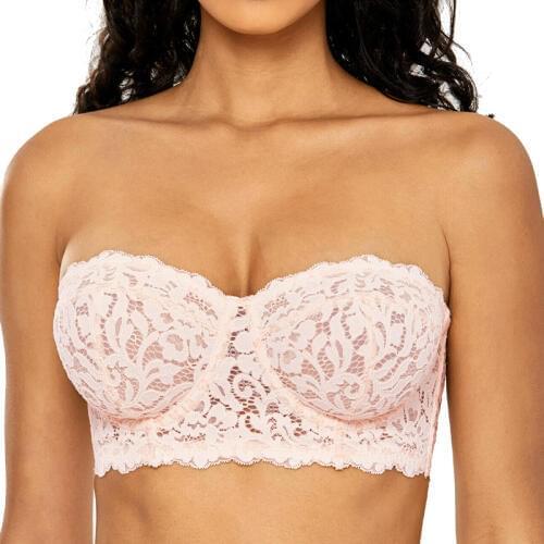 Womens Full Lace Strapless Bralette Bandeau Underwire Multi-Way Balconette Unlined Bra 32 34 36 38 40 42 B C D DD E F G Black