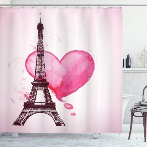 Eiffel Tower Shower Curtain Eiffel Romantic Valentine Love Watercolor Theme Heart Leaf Silhouette Print Bathroom Decor Set