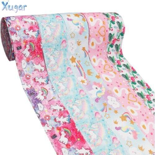 2yards 3" 75mm Sequin Ribbon Unicorn Rainbow Printed Reversible Ribbon for Crafts DIY Hair Bows Accessories Materials Decoration