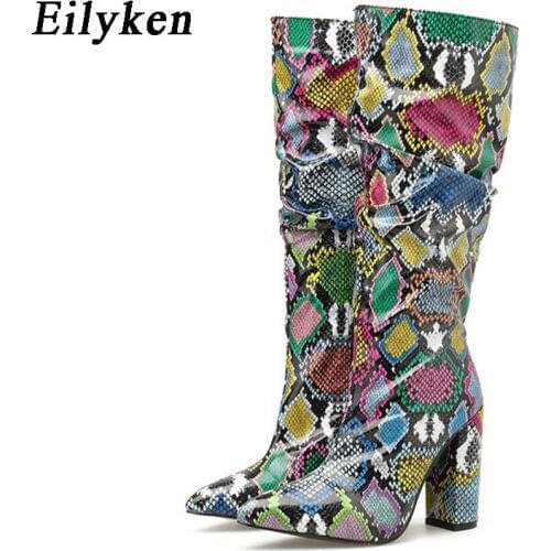Eilyken Colorful Snake Skin Boots Women High Heels Thick Mid-calf Boot Distressed Pointed Toe Zip Shoe Pleated Boots Slouch 2021