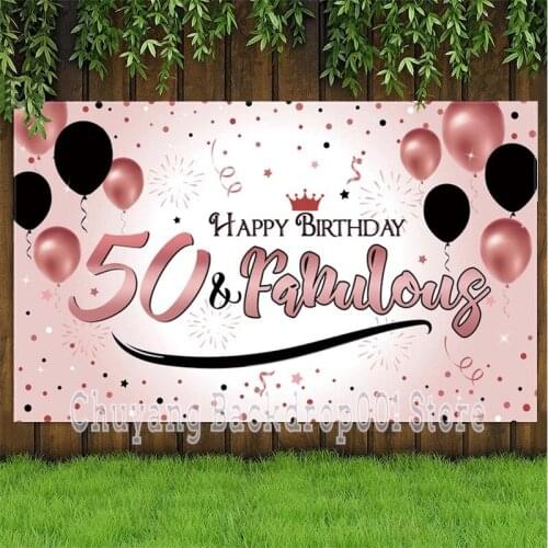 Rose Gold 50th Photo Backdrop Lady Men Happy Birthday Party Decoration Dot Light Balloon Photography Background Photocall Banner