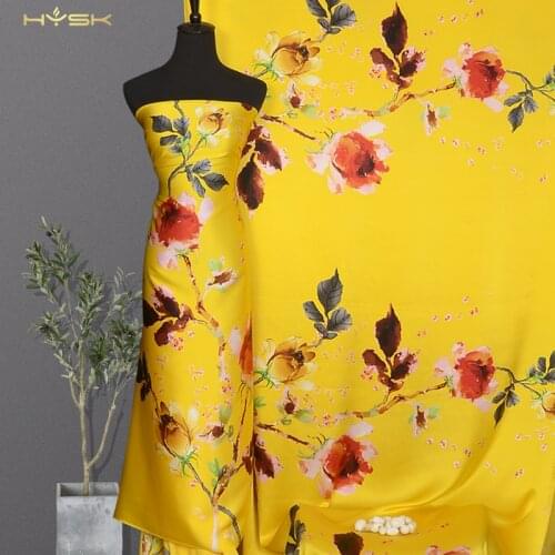 HYSK 100%silk satin fabric custom floral screen printed flowers silk mulbery thick satin material green printing for dress C2392