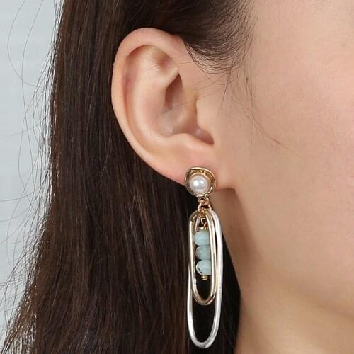 Fashion Temperament Exaggeration Drop Earrings Natural Stone Long Metal Geometry Earrings Jewelry Accessories