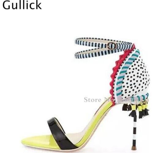 Newest 2018 Woman Tassel-Fringe Candy Sandals Eye-catching Covered 10 CM High Heel Stiletto Striped Buckled Ankle Strap Shoes