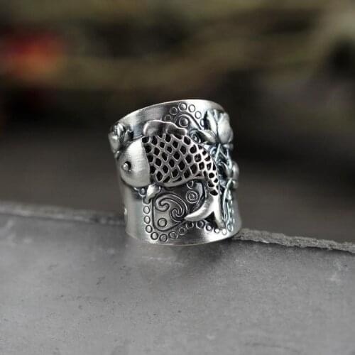 New Original Design Handmade Thai Silver Carving Fish Pattern Open Ring Light Luxury Craft Charm Ladies Silver Jewelry