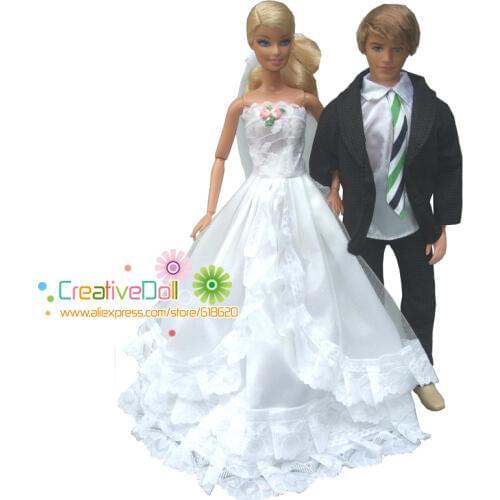 New year Christmas gift for baby girl 2 sets = clothes suit for ken doll + white wedding dress with veil for barbie doll