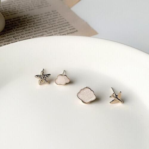 Origin Summer Exquisite Cute Starfish Cloud Plane Stud Earing for Women Unique Design Asymmetric Gold Party Gifts Earing Jewelry