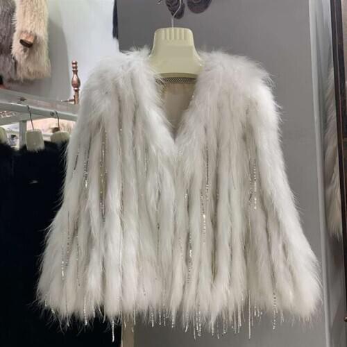 Length 55cm Real fur coat women knitted real fox fur overcoat new fashion stlye female coat Raccoon fur woven with fringe coat
