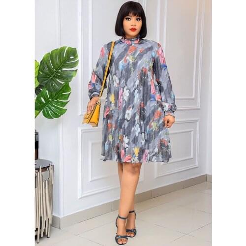 Flowers Printing African Dresses Stand Collar Lantern Sleeve Mini Fashion Femme Dress Vetement Femme 2021 Bazin Riche