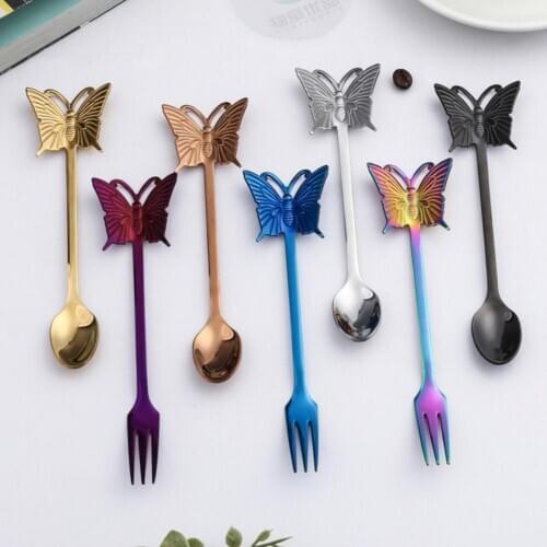 Rainbow Stainless Steel Coffee Tea Moon Cake Fruit Butterfly Spoon Fork Cutlery Tableware