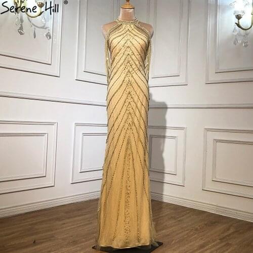 Serene Hill Luxury Gold Mermaid Evening Dresses Gowns 2021 Beading Elegant Sexy For Women Party LA70998