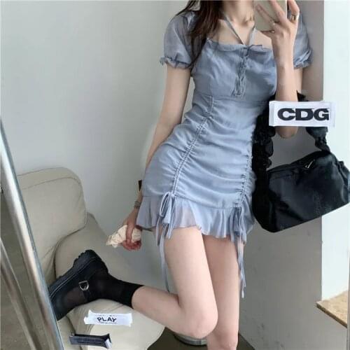Chic Square Collar Vintage Dress Women Short-sleeved Slim Dress 2020 New Summer Chiffon Drawstring Bodycon Mini Dress Club Dress