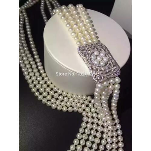 Wow! 4rows freshwater pearl white near round necklace 7-8mm 35-45inch wholesale beads FPPJ