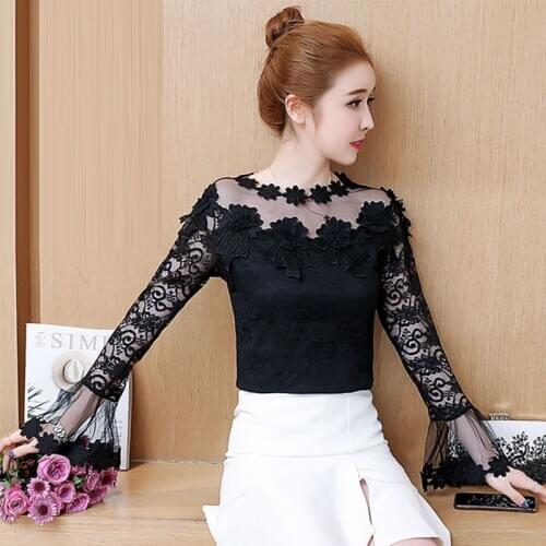 Spring Autumn Style Women Lace Blouses Shirts Lady Casual Long Sleeve Slash Neck Slim Lace Blusas Tops DD8996