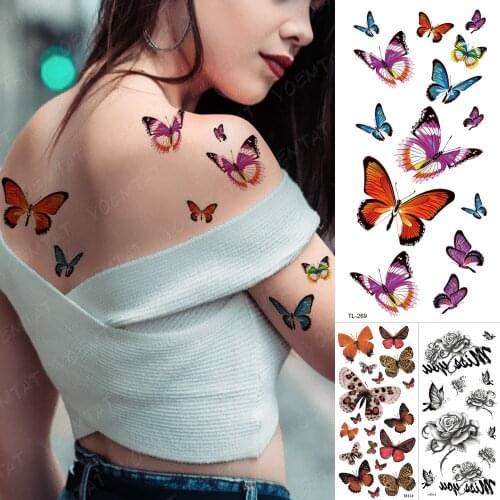 Blue Butterfly 3D Waterproof Temporary Tattoo Sticker Rose Peony Flower Flash Tatto Woman Girl Feather Body Art Fake Tatoo Man
