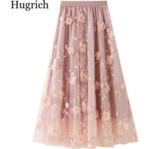 Women Skirt Long Tulle Skirt Elegant Fashion Casual High Waist 3D Flower Embroidery Solid Color Midi Swing Skirt For Women
