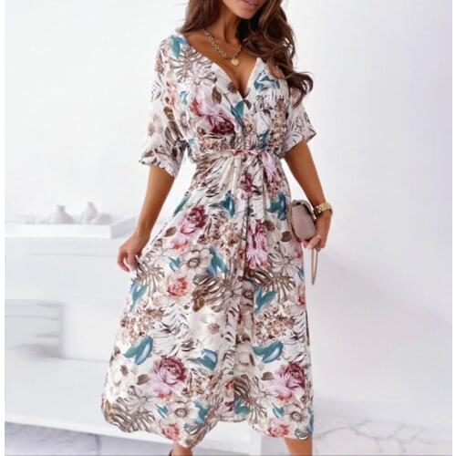 Summer Dress Womens Short Sleeve Flower Print Beach Boho Long Dress For Womens Clothing 2021 Dresses Female Robe Femme Vestido