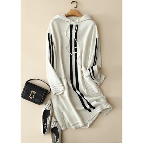 2021 new womens cashmere wool hooded sweater dresses oversized long sleeve warm knitwear with pocket
