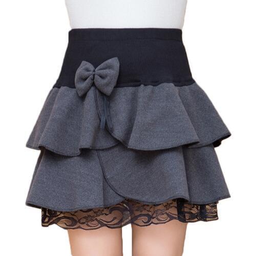 Winter Skirts Womens Fall Autumn Fashion Elastic Waist Lace Hem Grey Black Falda Bow Flounced Ruffles Short Mini Wool Skirt