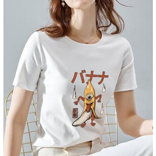T-shirt Womens Summer Casual Slim Cartoon Funny Monster Print White Short Sleeve Fashion Soft Ladies Comfortable O-neck Top