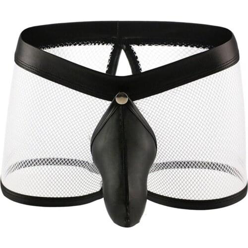 PU Leather + Mesh Boxers Breathable Sexy Men Penis Pouch Underwear Trunk Shorts See Through Cueca Male Panties