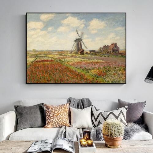 Monet Windmill and tulips Paintings Reproductions On The Wall Impressionist Landscape Home Decor Art Canvas Pictures Cuadros