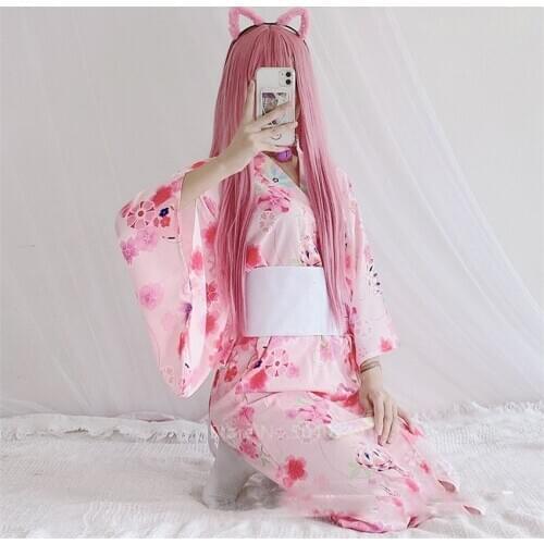 Sakura Girl Kimono Dress Woman Japanese Bow-knot Obi Pink Haori Vintage Yukata Bathrobe Sexy Geisha Cosplay Geta Asian Party