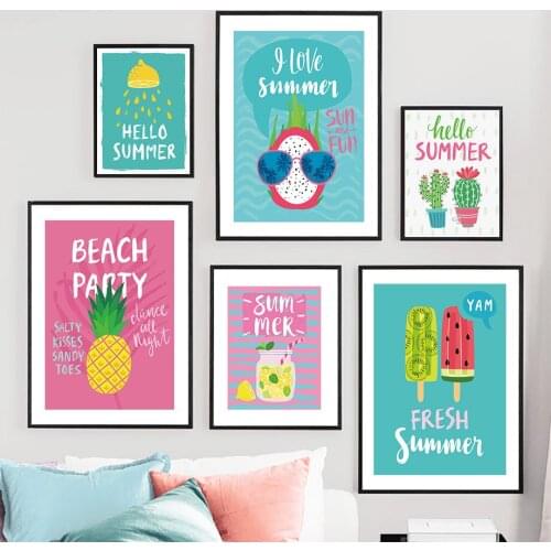 Summer Quote Pineapple Pitaya Lemon Wall Art Canvas Painting Nordic Posters And Prints Cartoon Wall Pictures For Kids Room Decor