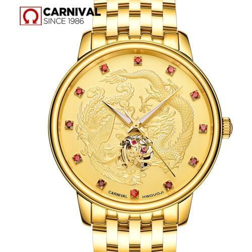 Carnival Skeleton Mens Watches Top Brand Luxury Automatic Mechanical Watch Tourbillon Gold Dragon Design relogio masculino 2019