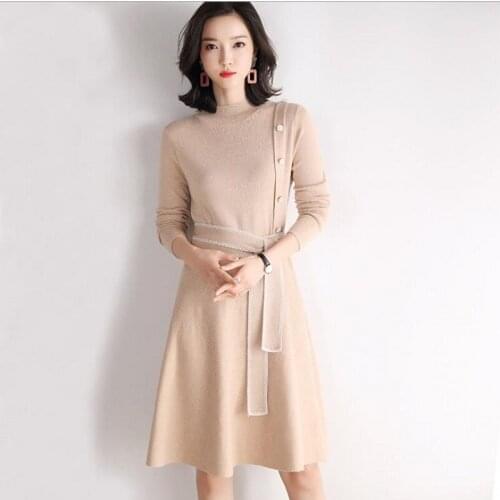 New autumn women dress elegant fashion designer clothes full sleeve wool knitting o-neck Jersey dress to knee european style