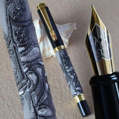 FOUNTAIN PEN MEDIUM NIB DIKAWEN 891 GREY AND GOLDEN DRAGON CLIP RICH CROP