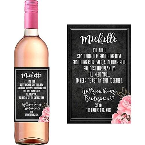Custom bridesmaid invitation Wine Bottle Label,Black floral design,wedding party invites,funny maid of honor ask,Gifts invite