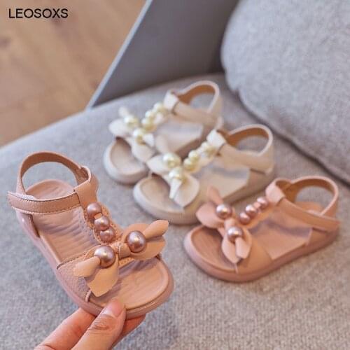 Girls' Sandals 2021 Summer Beach Shoes Pearl Bow Princess Shoes Fashion Velcro Childrens Sandals