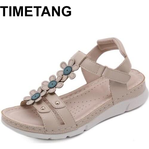 TIMETANG2020 Fashion Bohemian Beach Shoes Women Sandals Summer Style Peep Toe Flower Shoes Flat Sandals Women sandalia feminina