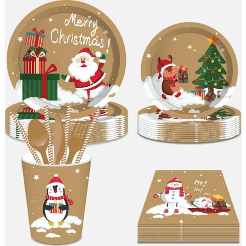Xmas Party Favors Decorations Christmas Tree Santa Claus Gifts Sled Theme Disposable Tableware Sets Paper Plates Cups Napkins