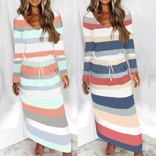 Warm V-Neck Thick Autumn Winter Striped Dress Women Drawstring Female Loose Girls Long Dresses Womens Oversize Vestidos