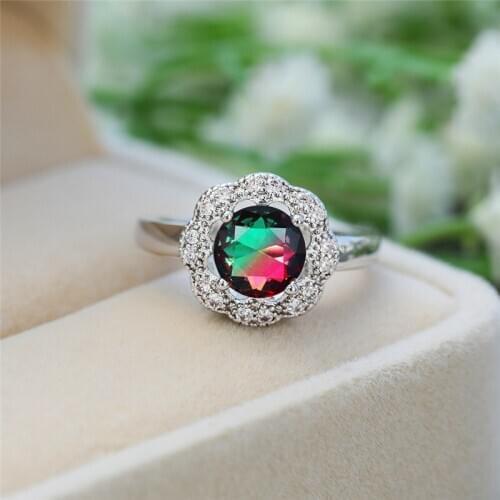 Vintage Female Rainbow Round Zircon Ring Rose Gold Silver Color Engagement Ring Classuc Crystal Flower Wedding Rings For Women