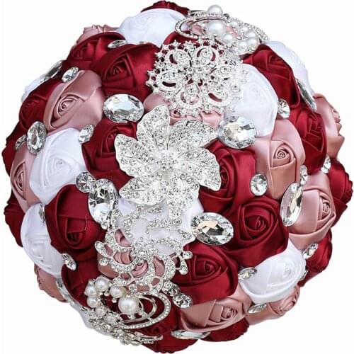 WifeLai-A21Cm Latest European Style Bridal Bouquet Handmade Satin Ribbon Rhinestone Burgundy White Rose Wedding Supplies W228B